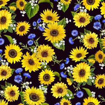 Sonnenblumen auf schwarz - 1 Stück = 0,70 Meter