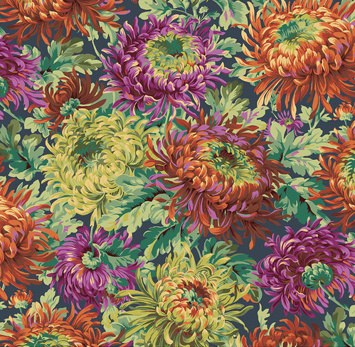 Chrysanthemen in Orange Magenta Ocker auf Petrol - 1 Stück = 2,20 Meter