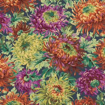 Chrysanthemen in Orange Magenta Ocker auf Petrol - 1 Stück = 2,20 Meter